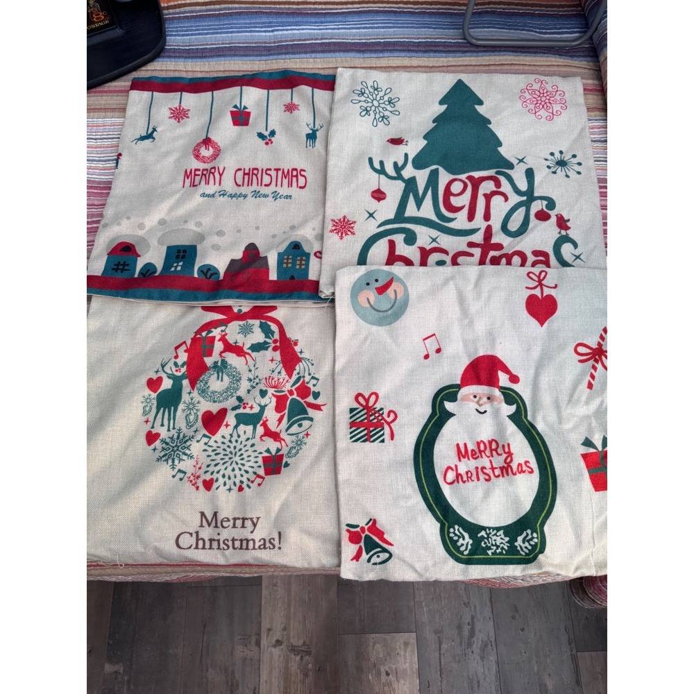 Set of 4 Christmas Pillow Covers 18x18 Rustic Linen Holiday Decor Red Green